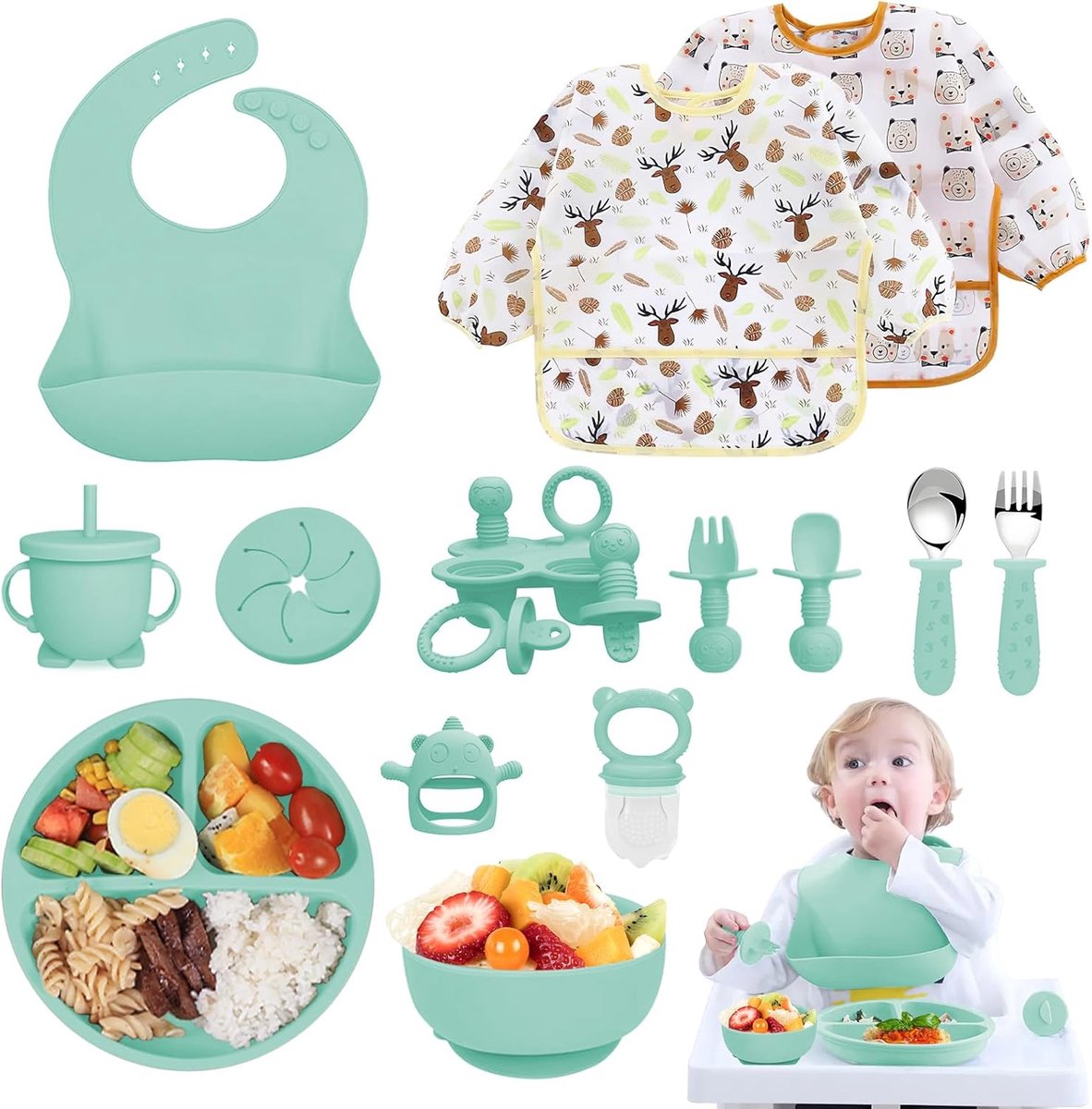 SnelShoppen - Siliconen babyserviesset 14-delig met zuignap, babybord, kom, slabbetje, babylepel, babypap-vriesdoos, drinkbeker, fruitzuiger, mint kle