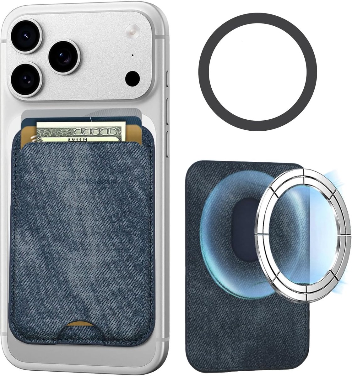 SnelShoppen - MagSafe Card Holder voor iPhone - RFID Blokkering - Vegan Eco Leer - Donkerblauwe Jeans - 3 Kaarten of Cash - Ergonomisch Ontwerp - Casu
