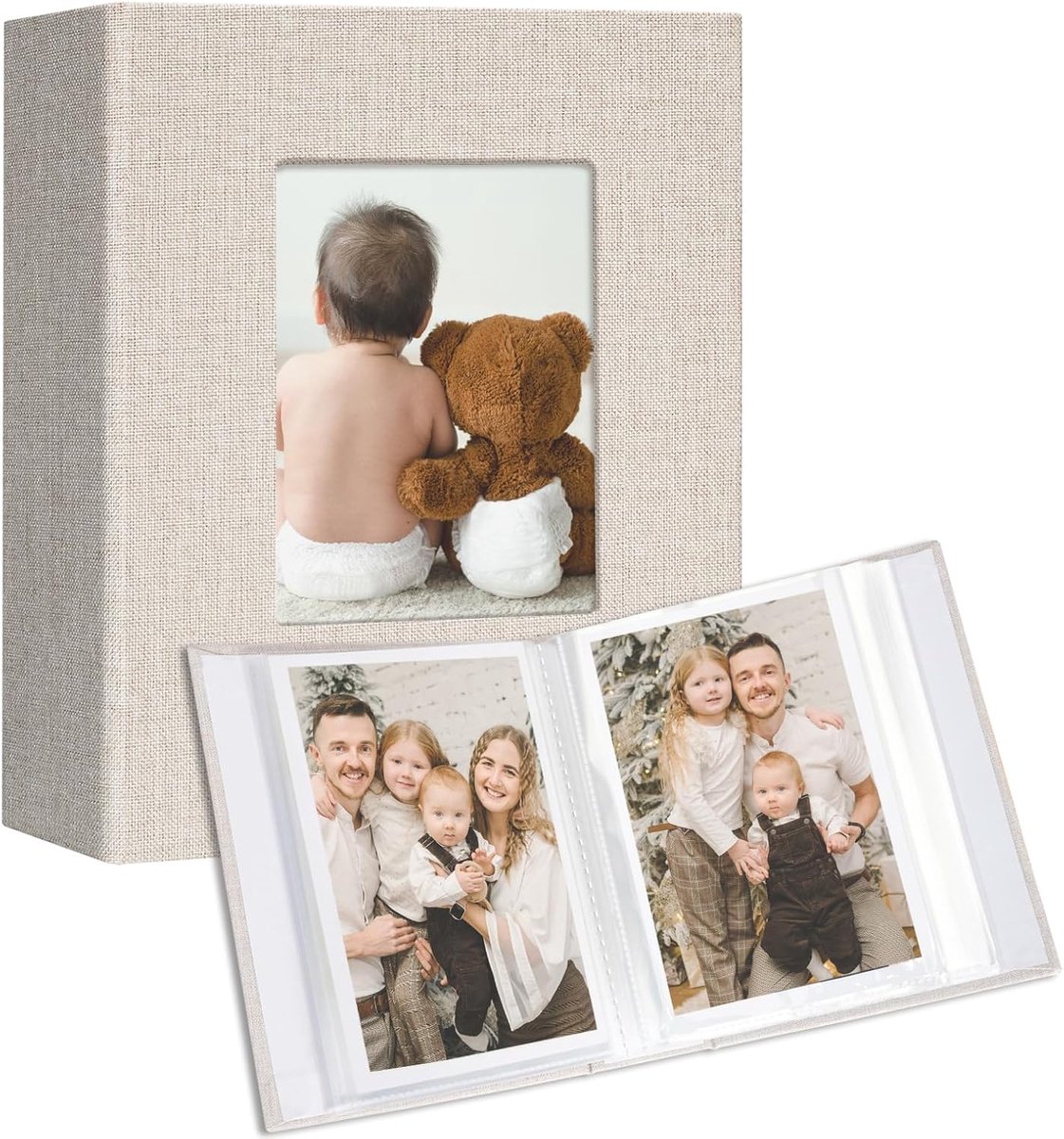 SnelShoppen - Mini Foto Album Set van 2 - 10 x 15 cm - Linnen Cover - Geschikt voor 100 Foto's - Beige - Familie, Trouwerij, Reis, Postkaarten en Kuns