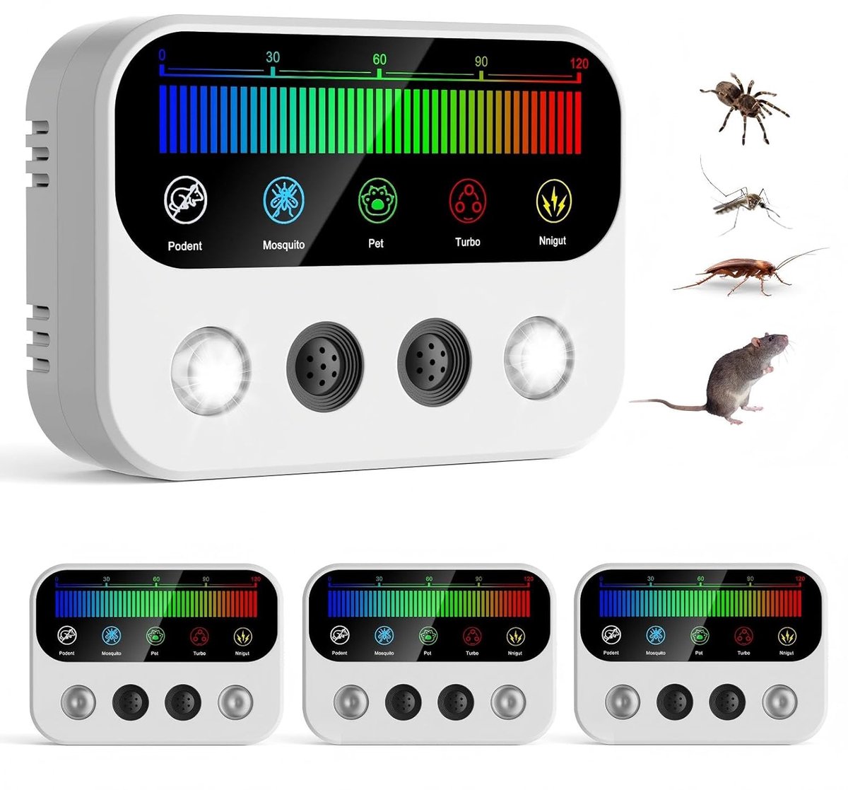 SnelShoppen - Ultrasonic Mouse Repellent 4 Pack - 2026 Ongediertebestrijders met 5 Modi, Dual Speakers en Stroboscooplicht - Veilig voor Kinderen en H