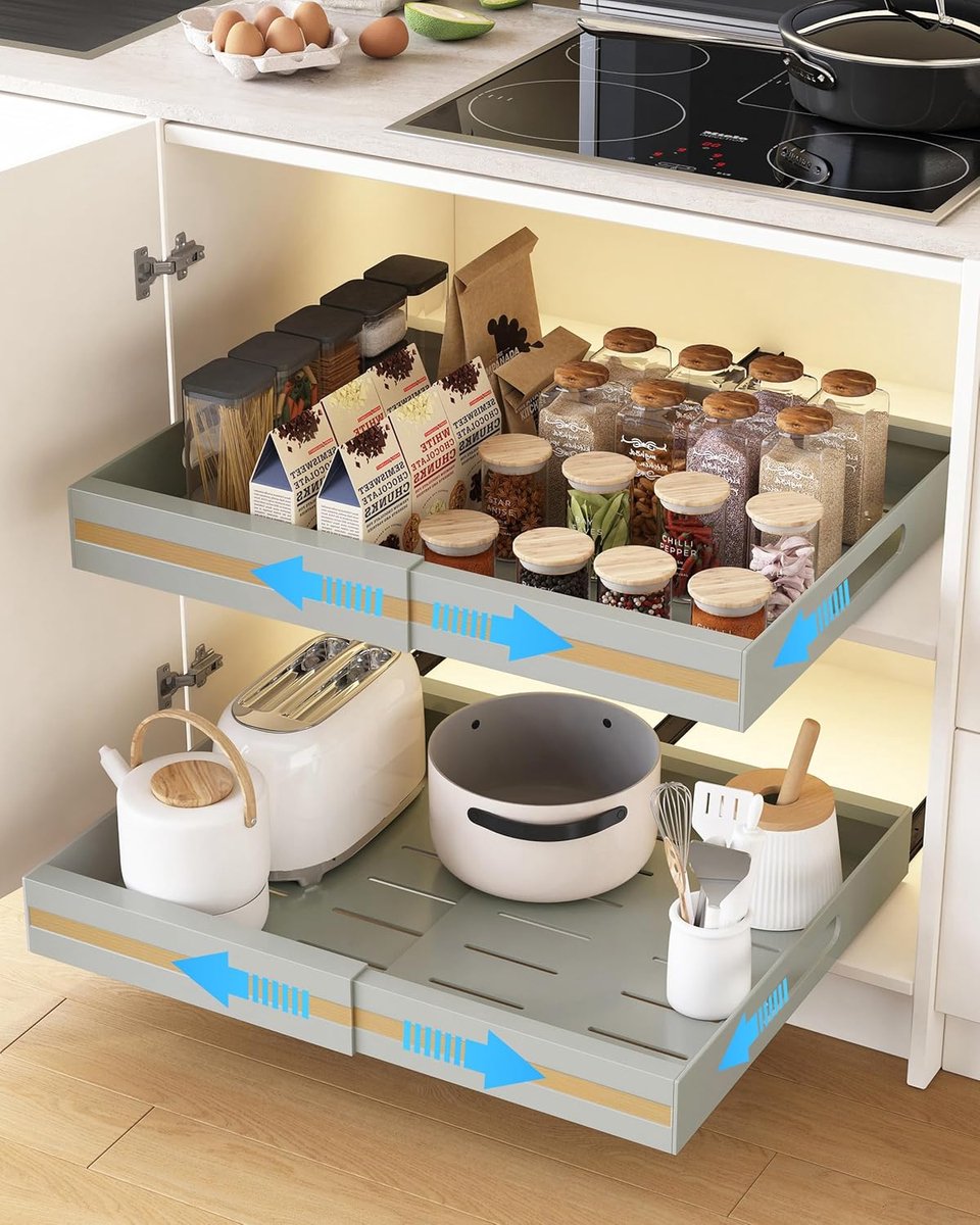 SnelShoppen - UMDONX 2 Pcs Uittrekbare Keukenladen met Lijm, Uitbreidbare Kastorganiser, Telescopische Lades, Metaal, Grijs, Keuken, Badkamer, Organis