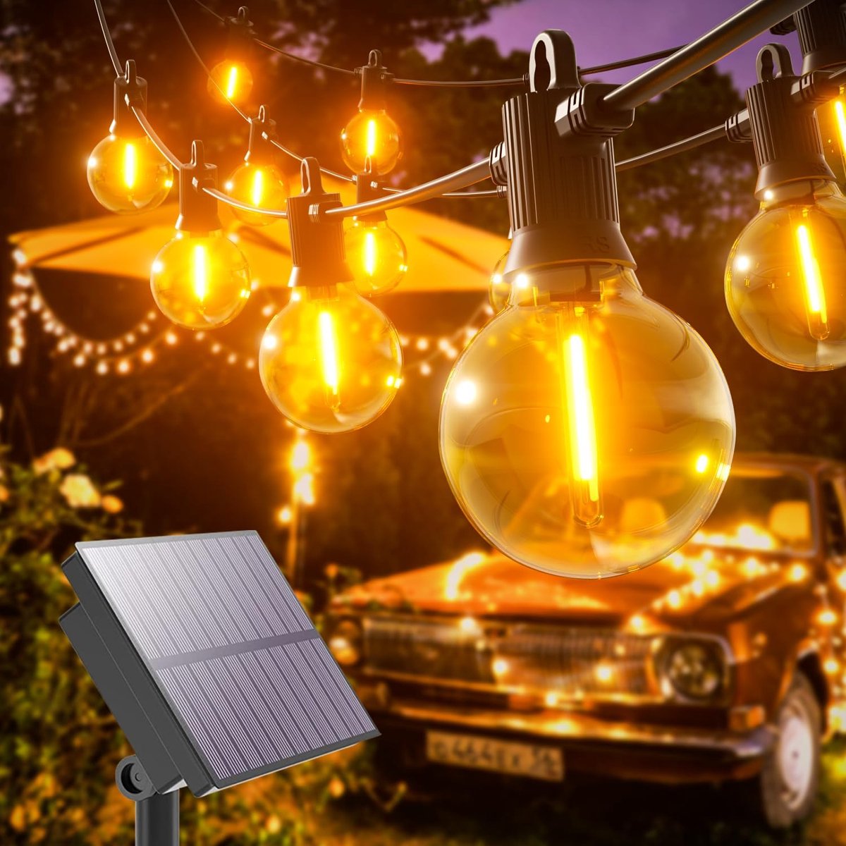 SnelShoppen - Solar Fairy Lights Buiten 10m LED Oplaadbaar 5 Lichtstanden IP65 Waterproof G40 15+1 Lampen Warm Wit Tuin Balkon Feest Verlichting