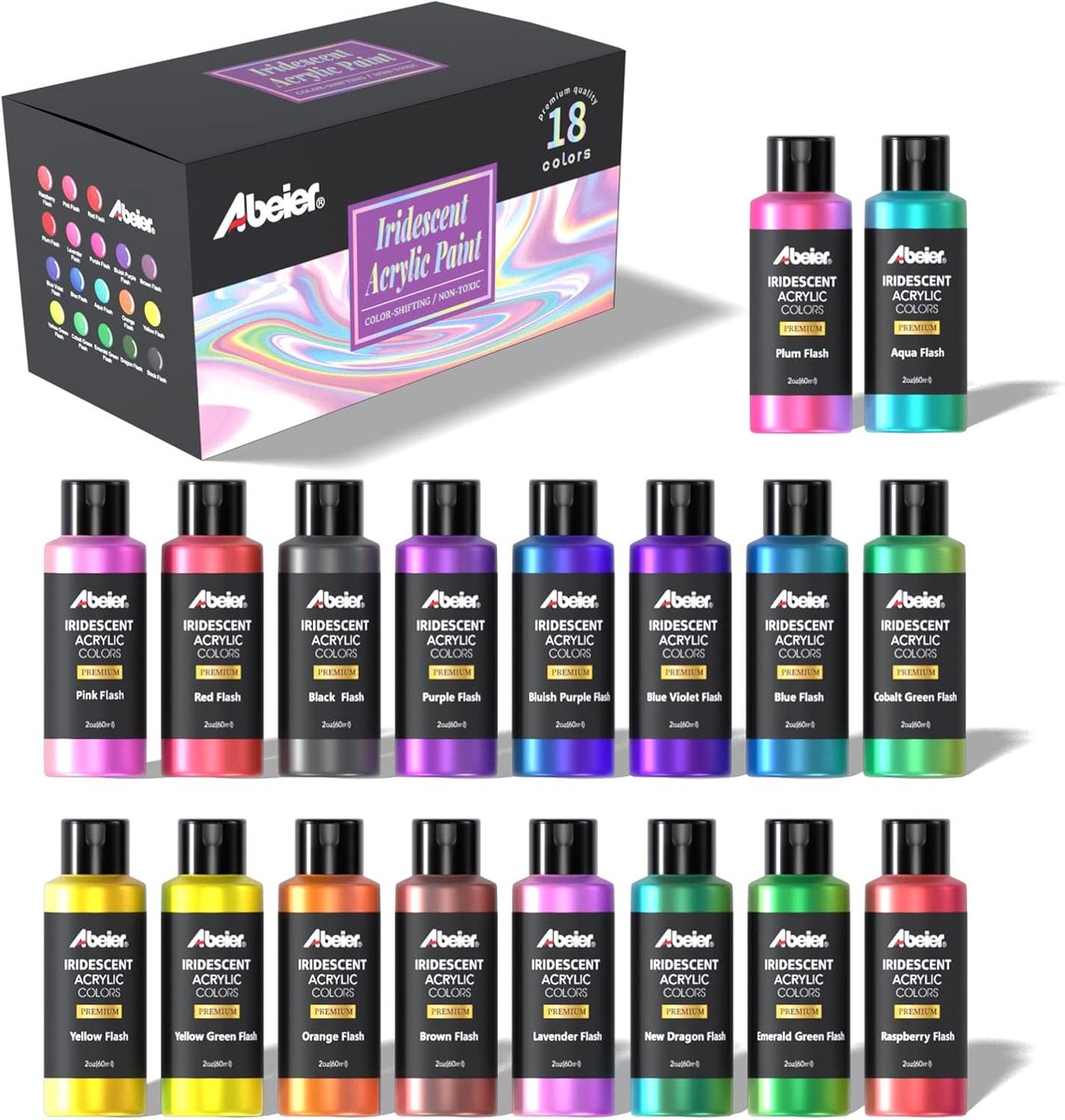 Thijox - Acrylverf Glinsterend Set van 18 Kameleonkleuren, 60 ml Flessen, Iriserend, Niet Giftig, Hoge Viscositeit, Mengbaar voor Schilderen op Steen,