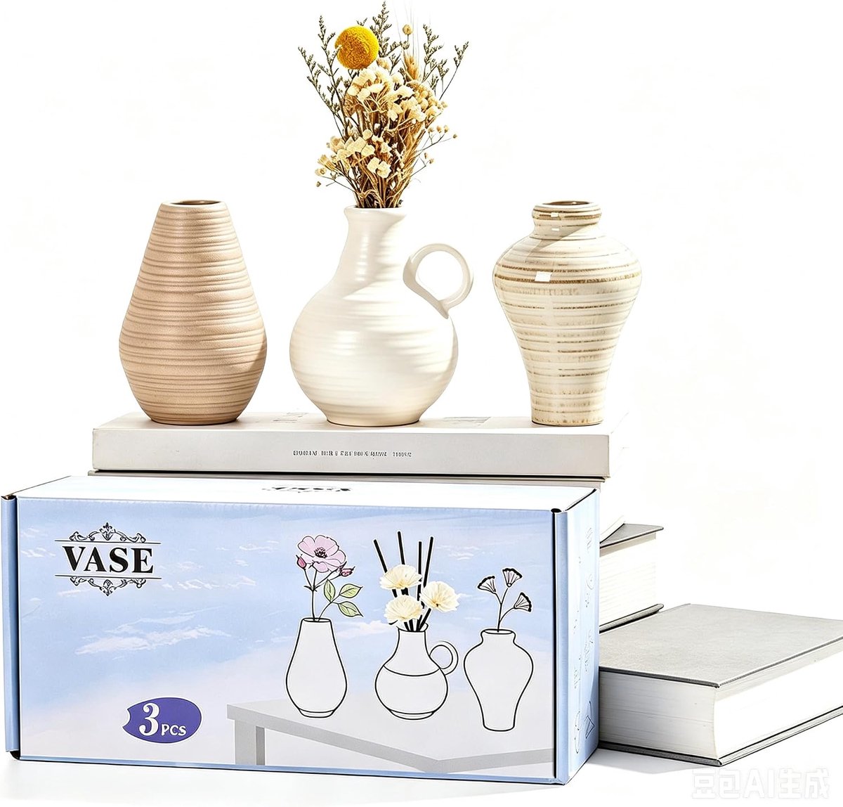 SnelShoppen - Keramische Vazen Set van 3 - 10,5 cm - Kleine Boho Bloemenvazen - Moderne Boerderij Vaas voor Pampasgras en Bloemen - Perfect voor Woonk