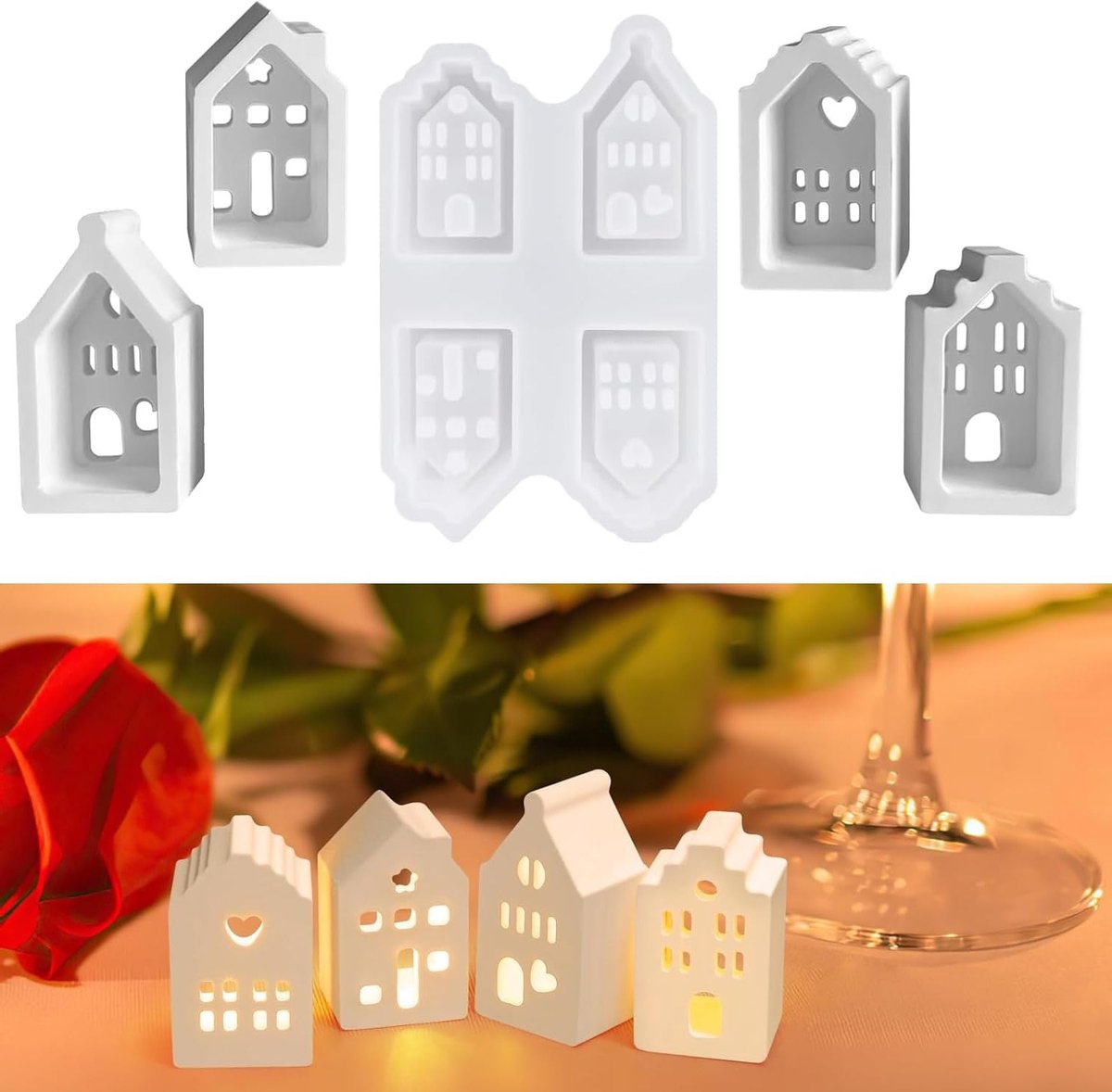 Mini Silicone Mallen voor Gieten van Huizen, 4 Stuks, Ideaal voor Kaarsen Maken en Plamuren