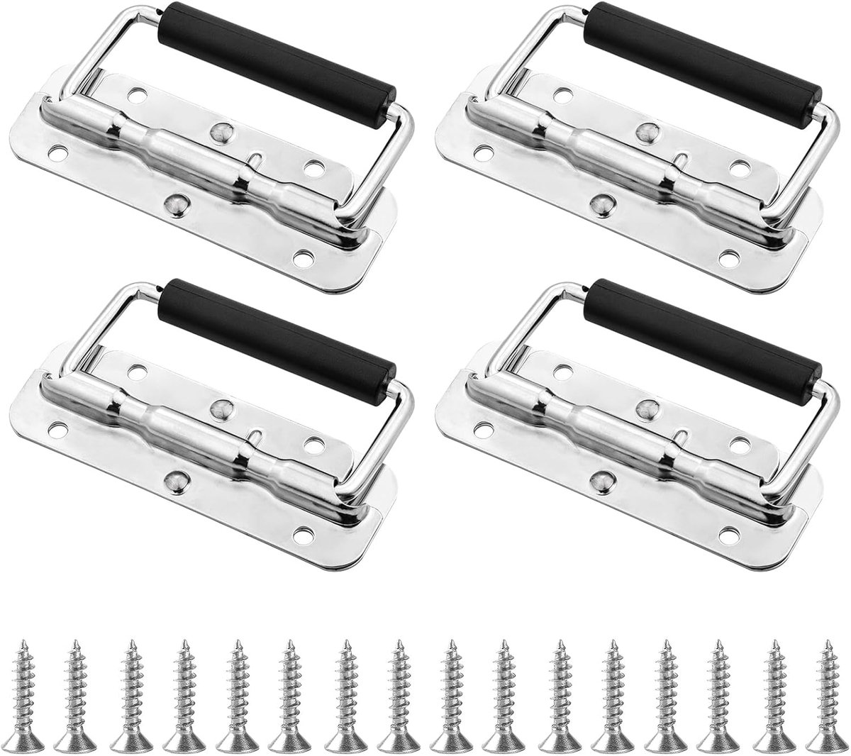 SnelShoppen - Pack van 4 Vouwhandgrepen, Rvs Spring Box Handgrepen met 16 Schroeven, 110mm Draaghandgrepen met Rubber Handvat voor Gereedschapskist, O