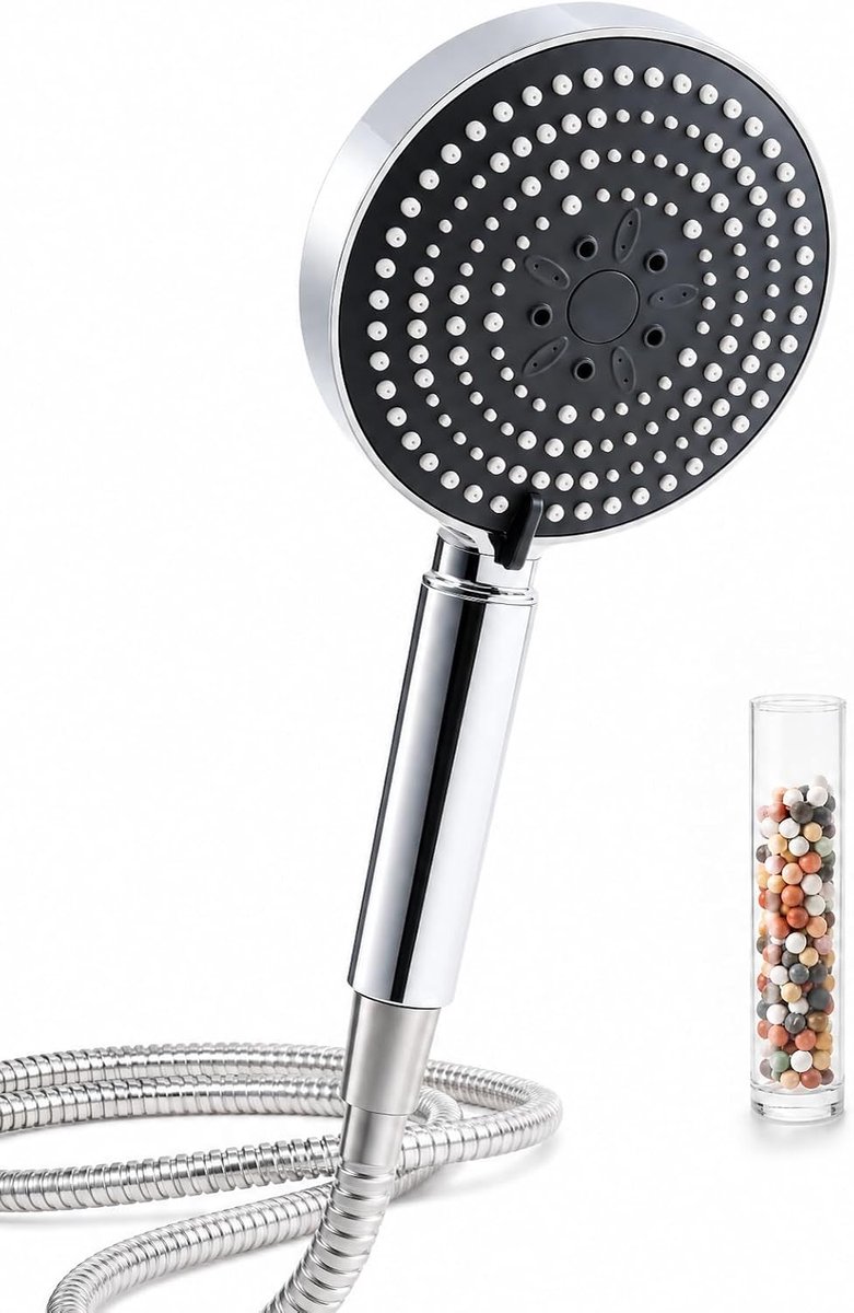 SnelShoppen - Handdouche met 1.6 m Slang, 13 cm Groot, 20-Lagen Filter, 6 Stralingen, Limefilter, Grijs - Chroom Handvat, Ideaal voor Hard Water