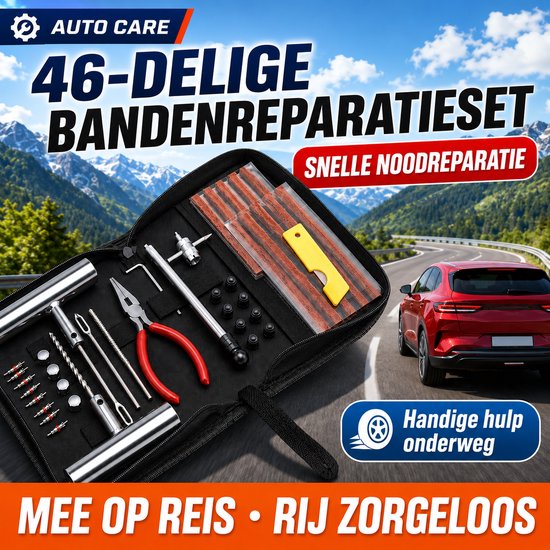 46-delige bandenreparatieset in een open koffer, met gereedschap, op de achtergrond een weg met een rode auto en bergen.