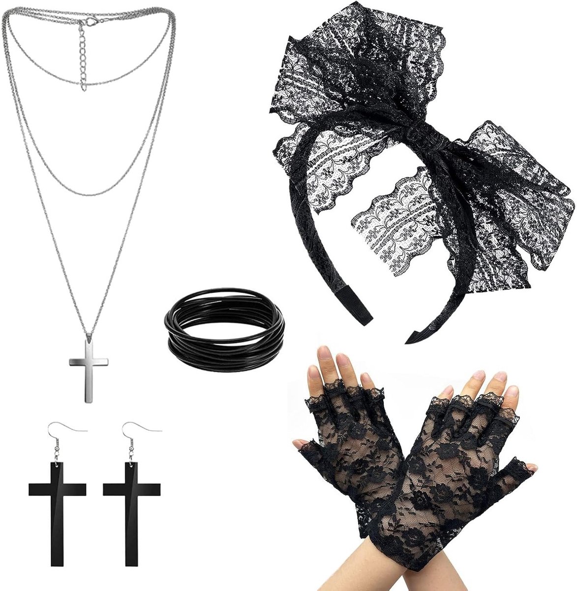 Set van 5 Retro 80s Accessoires voor Dames - Feestkostuum, Kanten Haarband, Oorbellen, Visnet Handschoenen, Vintage Ketting en Armband voor Carnaval en Themafeesten