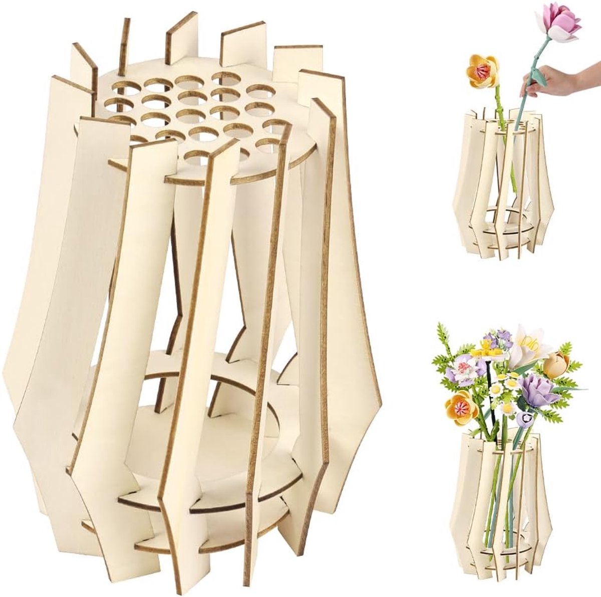 SnelShoppen - Houten Bloemenvase Set voor 23 Stelen - Rhombus Design, Ideaal voor Rozen, Kersenbloesems, Tulp en Zonnebloem - Decoratie voor Thuis en