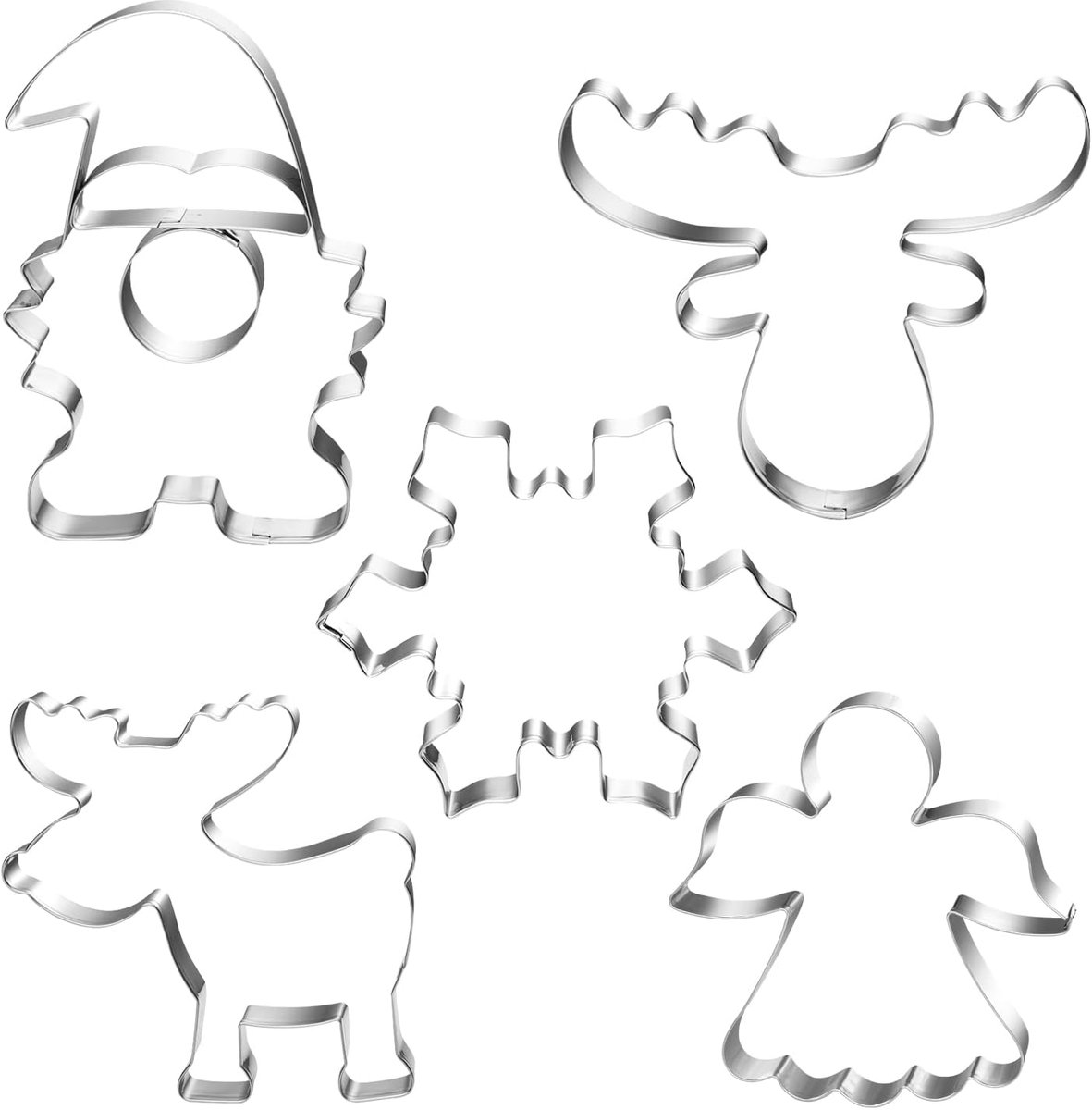 SnelShoppen - 5-delige Kerst Cookie Cutter Set - Rvs Koekjesuitsteekvormen voor Gnome, Elch, Engel, Beker en Sneeuwvlok - Perfect voor Bakken en Fonda