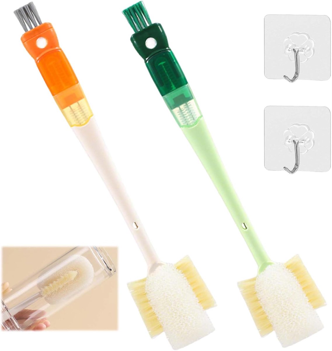 SnelShoppen - Pack van 2 Flesborstels 5-in-1 voor Babyflessen, Rietjes, Glazen - Inclusief 2 Haakjes voor Hangend Gebruik - Perfect voor Nieuwborn en