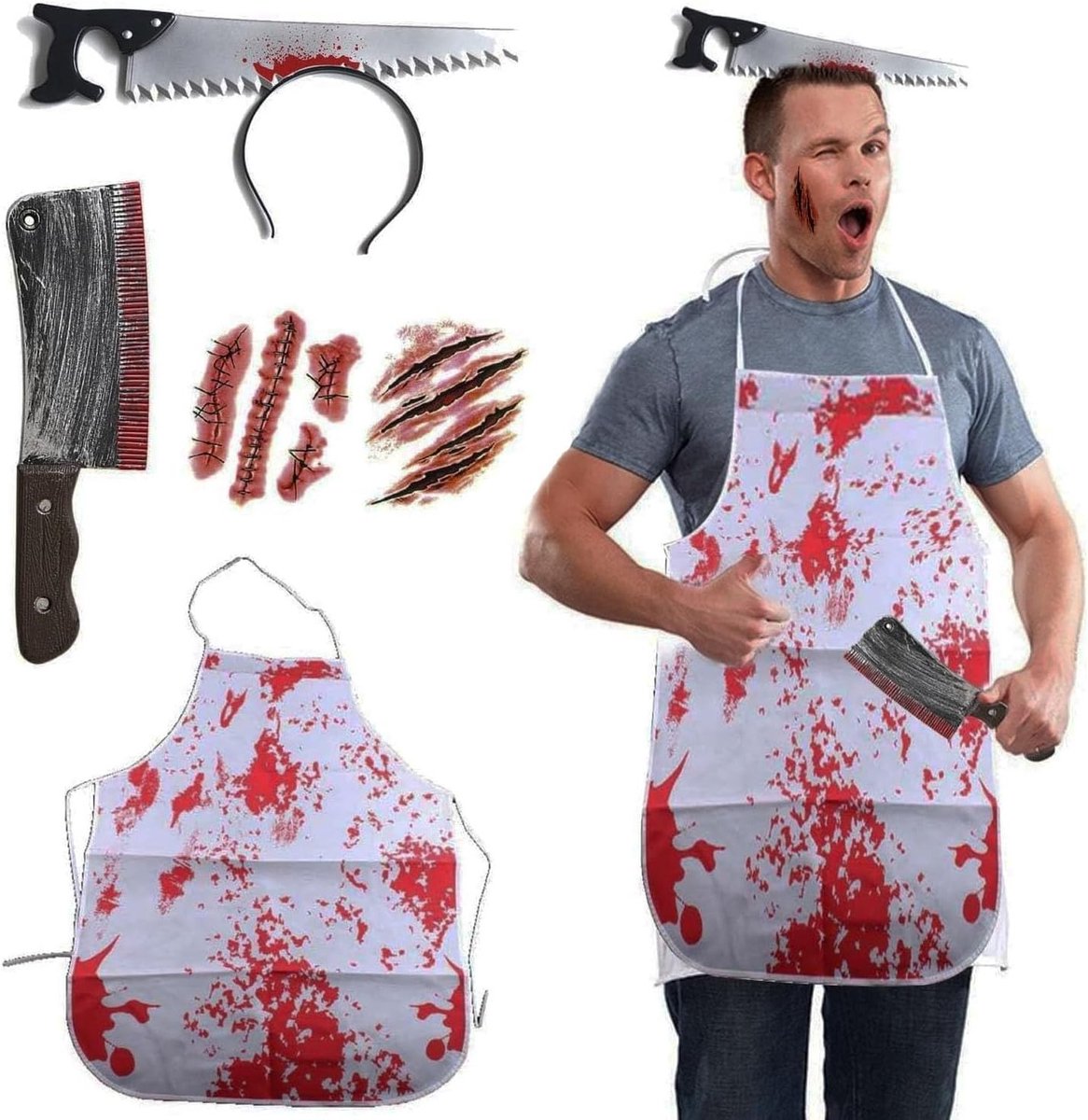 Halloween Kostuum Slager met Bloedige Schort, Bijpassende Bijl en Accessoires voor Volwassenen en Tieners