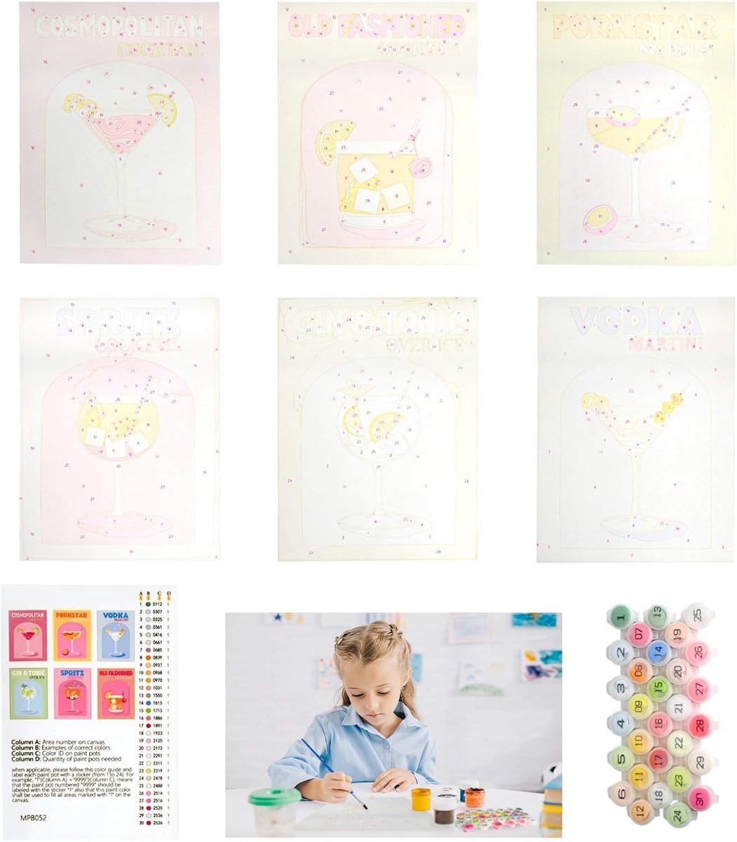 SnelShoppen - Pack van 6 Cocktails Schilderen op Nummer voor Volwassenen, 15x20 cm, Voor Beginners en Gevorderden, Inclusief 30 Kleuren en 3 Penselen