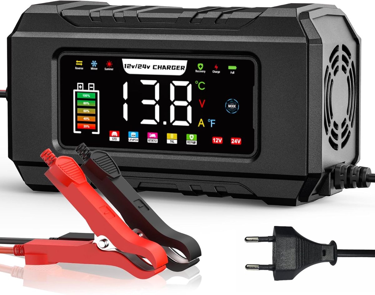 SnelShoppen - 15A Auto Acculader 12V/24V - Slimme Volautomatische Acculader voor Auto, Motor, SUV, Lithium en AGM Batterijen - Temperatuurcompensatie