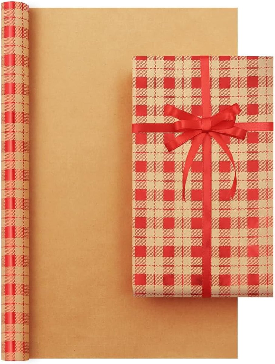 SnelShoppen - Boerni Vintage geruite folie inpakpapier rol - 45 cm x 25 m - metallic kerst kraftpapier bruin en rood tartan ontwerp voor feestelijke g