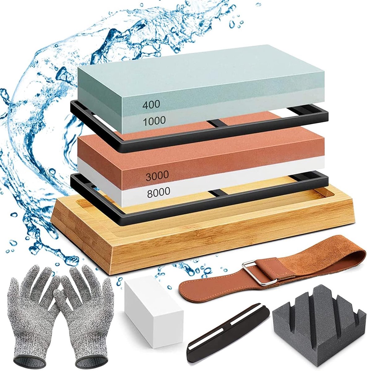 SnelShoppen - Slijpsteen voor messen, dubbelzijdige wetsteen 400/1000 3000/8000, professionele messenslijper met antislip bamboe basis en hoekgeleider