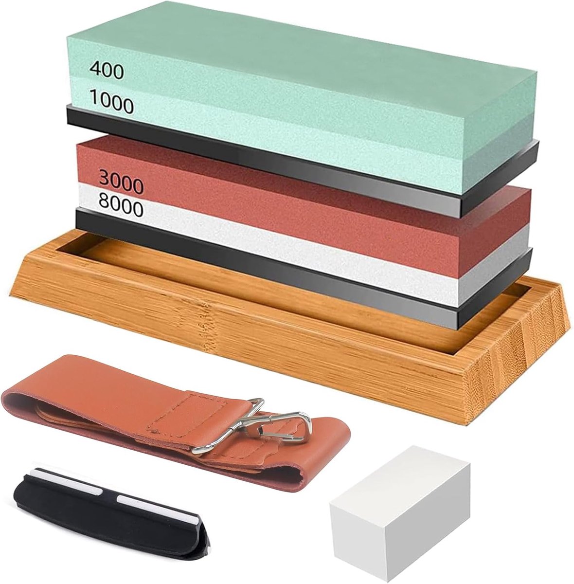 SnelShoppen - Professionele Slijpstenen Set voor Messen 400/1000/3000/8000, Compleet met Non-Slip Bamboe Ondergrond, Hoekgids, Leerstrips, Ideaal voor