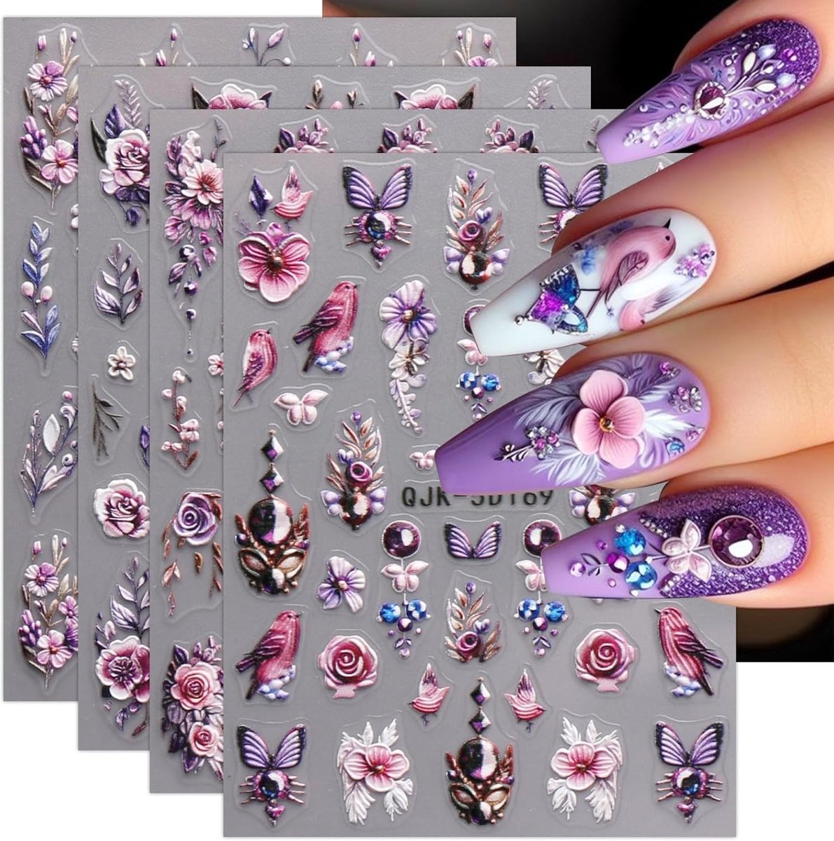 SnelShoppen - 3D Flower Nail Art Sticker Set - 4 Bladen Zelfklevende Nagelstickers - Creatieve Nageldecoratie voor Feest, DIY, Beginners, Acrylic & Na