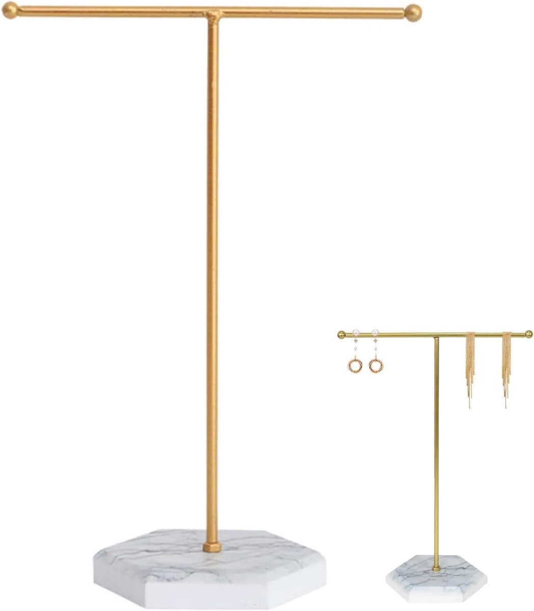SnelShoppen - Hanging Jewelry Organizer - T-Bar Jewelry Display Stand met Marmer Tray voor Kettingen, Armbanden, Oorbellen, Ringen en Horloges - Wit/G