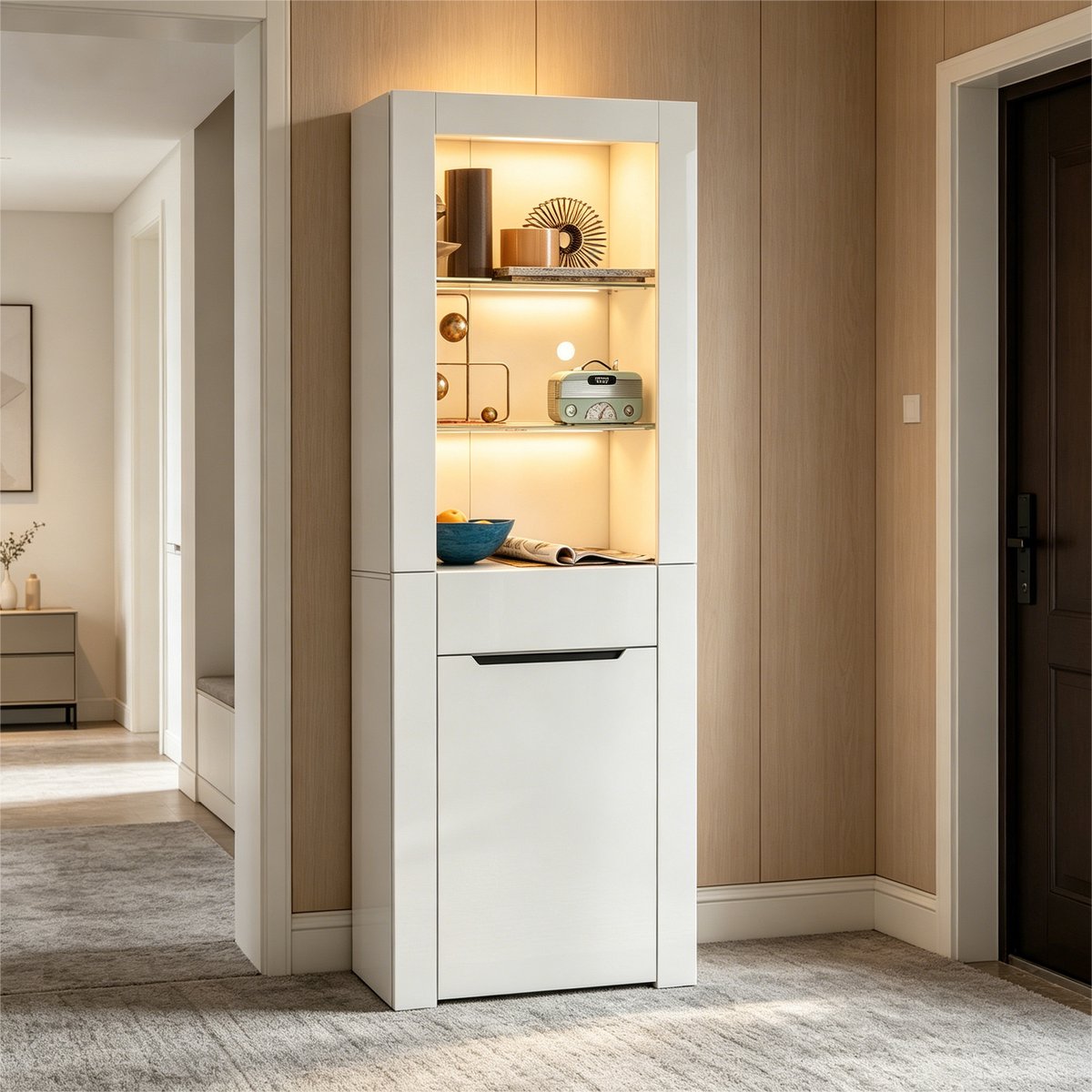 COVREO Vitrinekast 60 x 35,5 x 165 cm - wit, spaanplaat, met app LED-verlichting en lade