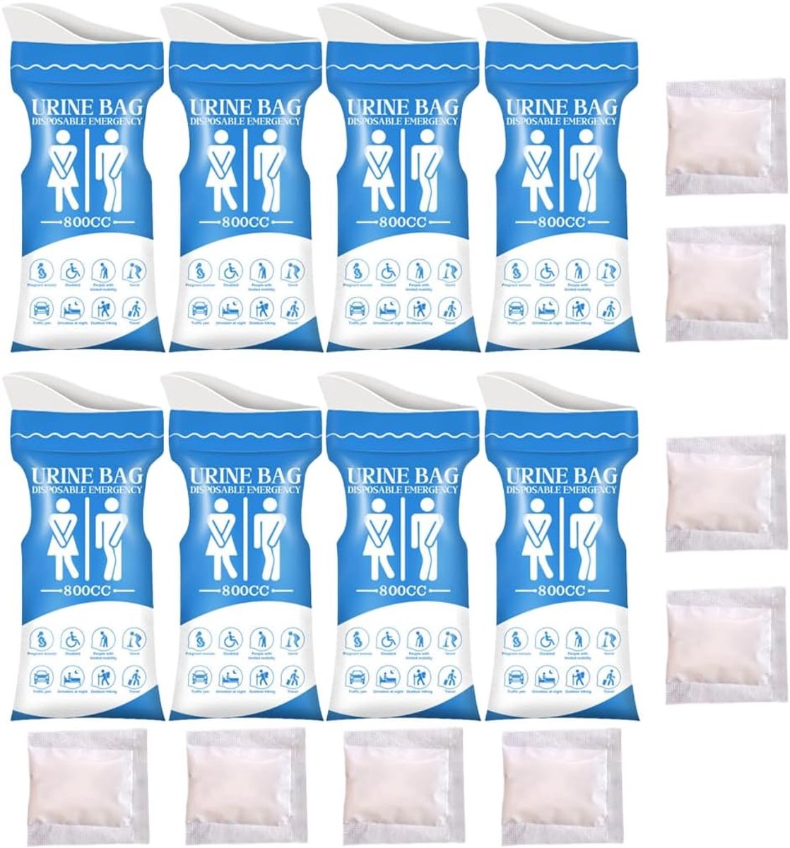 SnelShoppen - 8 Draagbare Urinezakken voor Dames en Heren, Blauw, Ergonomisch Urinoir, Ideaal voor Camping, Reizen, Auto, Ultrasnelle Absorptie, Lek-