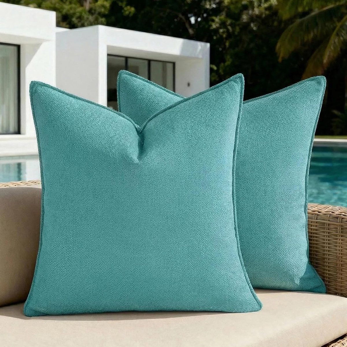 SnelShoppen - Pack van 2 Decoratieve Kussenhoezen 55 x 55 cm Zeeblauwe Waterdichte Chenille Buiten Kussenhoezen voor Sofa, Tuin, Balkon, Weerbestendig