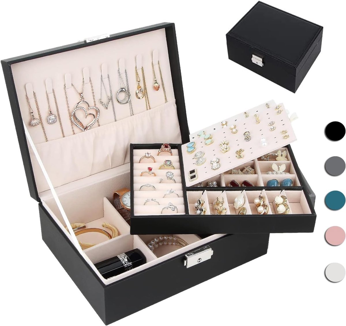 SnelShoppen - Grote 2-laagse Sieraden Organiser Box voor Dames en Meisjes, Sieradenopbergdoos voor Kettingen, Ringen, Oorbellen, Armbanden - Zwart