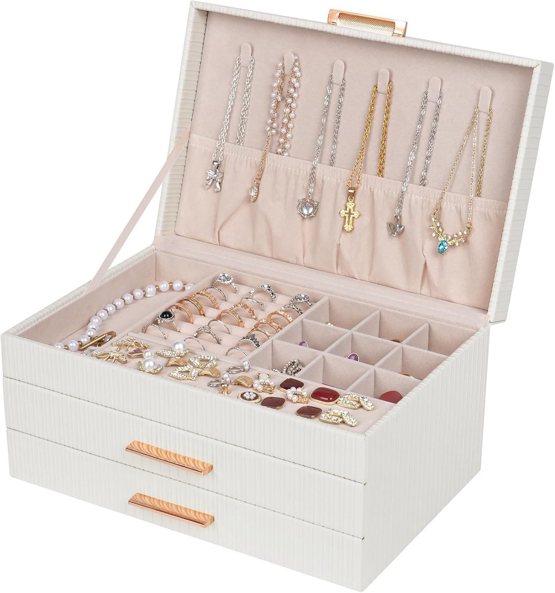 SnelShoppen - Grote Dajasan Sieradenbox, 3-laags Organiser met 2 Lades voor Ringen, Halskettingen, Oorbellen, Horloges en Armbanden - Wit