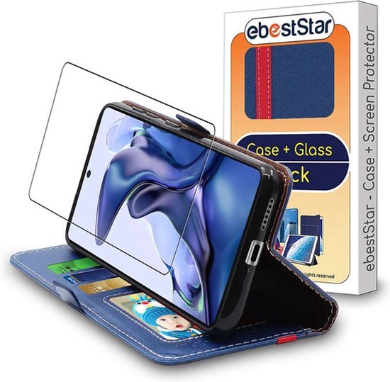 Étui livre bleu avec téléphone, cartes de crédit et protection d'écran, emballage ebestStar.