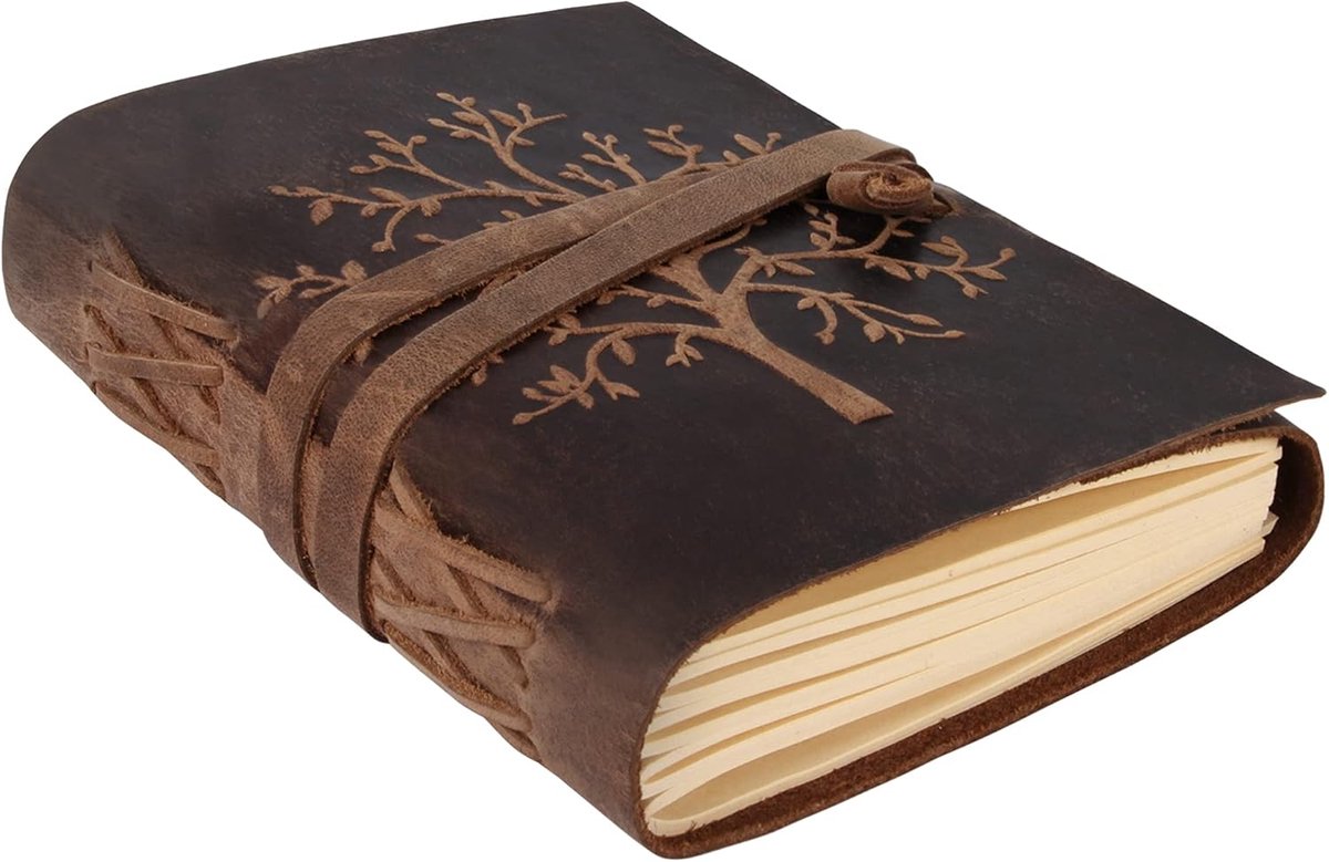 SnelShoppen - Leren Notitieboek - Leren Dagboek voor Dames met Levensboom Reliëf - 400 Gelinieerde Pagina's - 18 x 13 cm - Perfect voor Inspirerende G