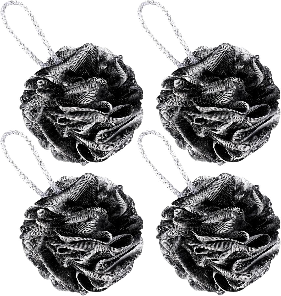 SnelShoppen - 4 Stuks Grote Bad Spons, Lichaams Scrubber Mesh Pouf (Zwart) | Loofah Douche Puff, Douche Spons voor Mannen en Vrouwen, Extra Groot, Zac