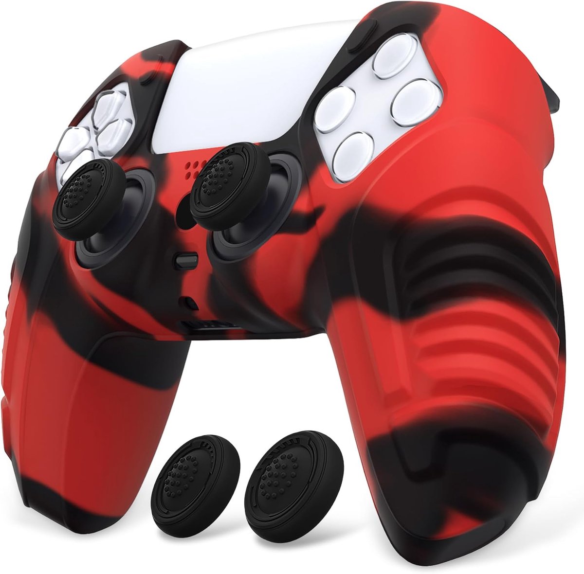 SnelShoppen - PlayVital Beschermhoes voor PS5 Controller, Zachte Siliconen Skin Cover, Antislip Rubber Beschermhoes met Thumb Grip Caps - Rood & Zwart