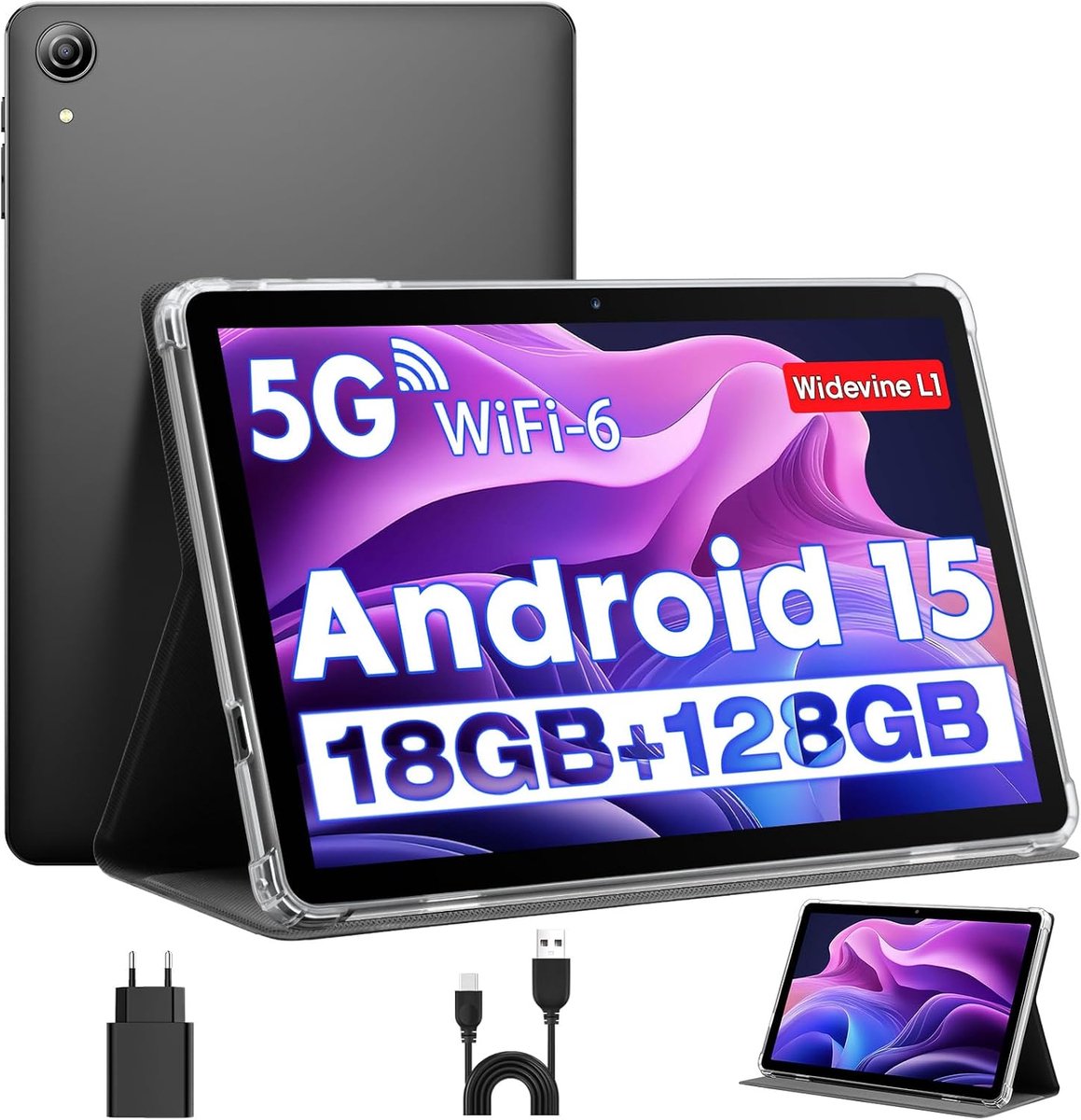 SnelShoppen - 10 Inch Tablet Android 15 met Case, Unisoc T30 Quad-Core, 18GB RAM, 128GB ROM, 1TB Uitbreiding, 1280x800 HD Scherm, 5MP + 8MP Camera, 60