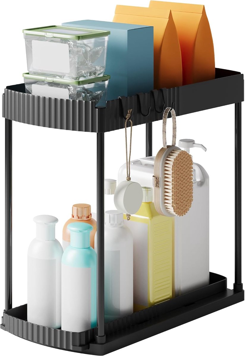 SnelShoppen - Under Sink Organizer Rack 2 Tier Keuken Organizer met 5 Haakjes - Uittrekbare Keuken Kast Organizer voor Onder de Gootsteen - Zwart - Ba