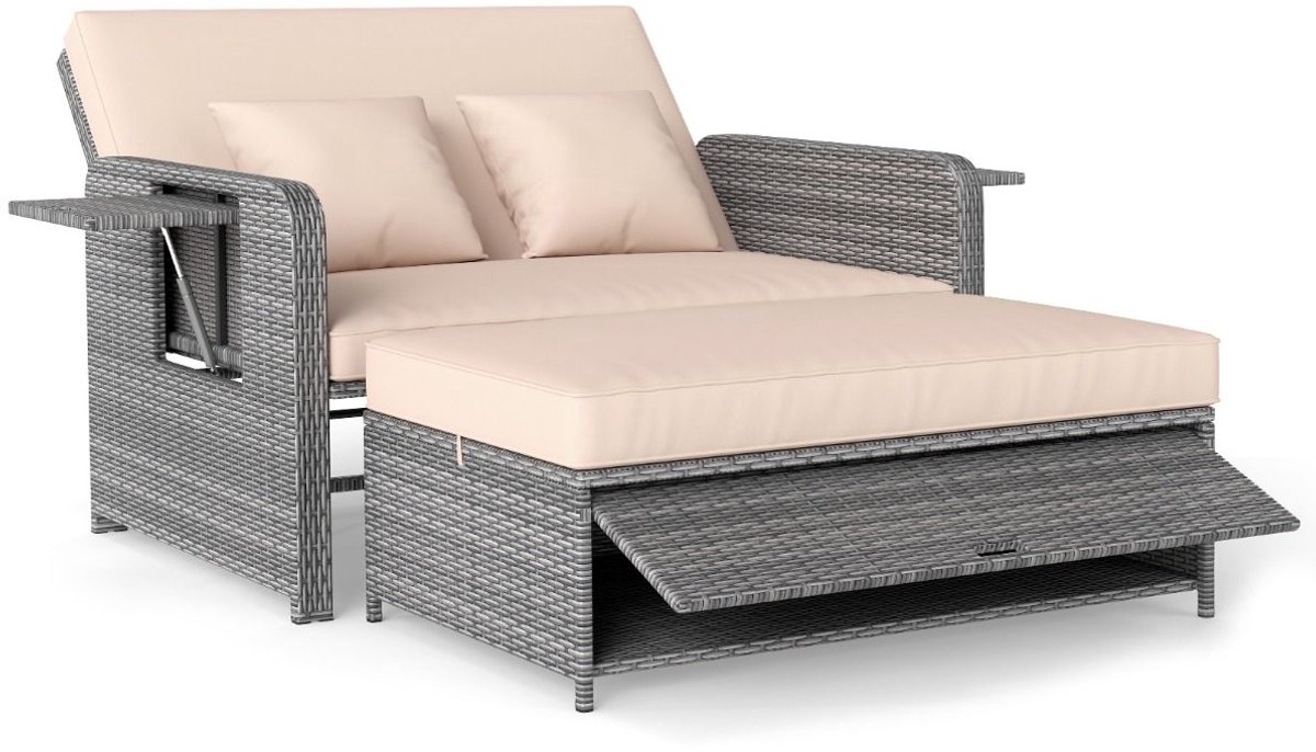 SureDeal® - Tuinmeubel - Rotan Tuinbed - Terras Tweezitsbank - Opbergkist - Rugleuning Ver