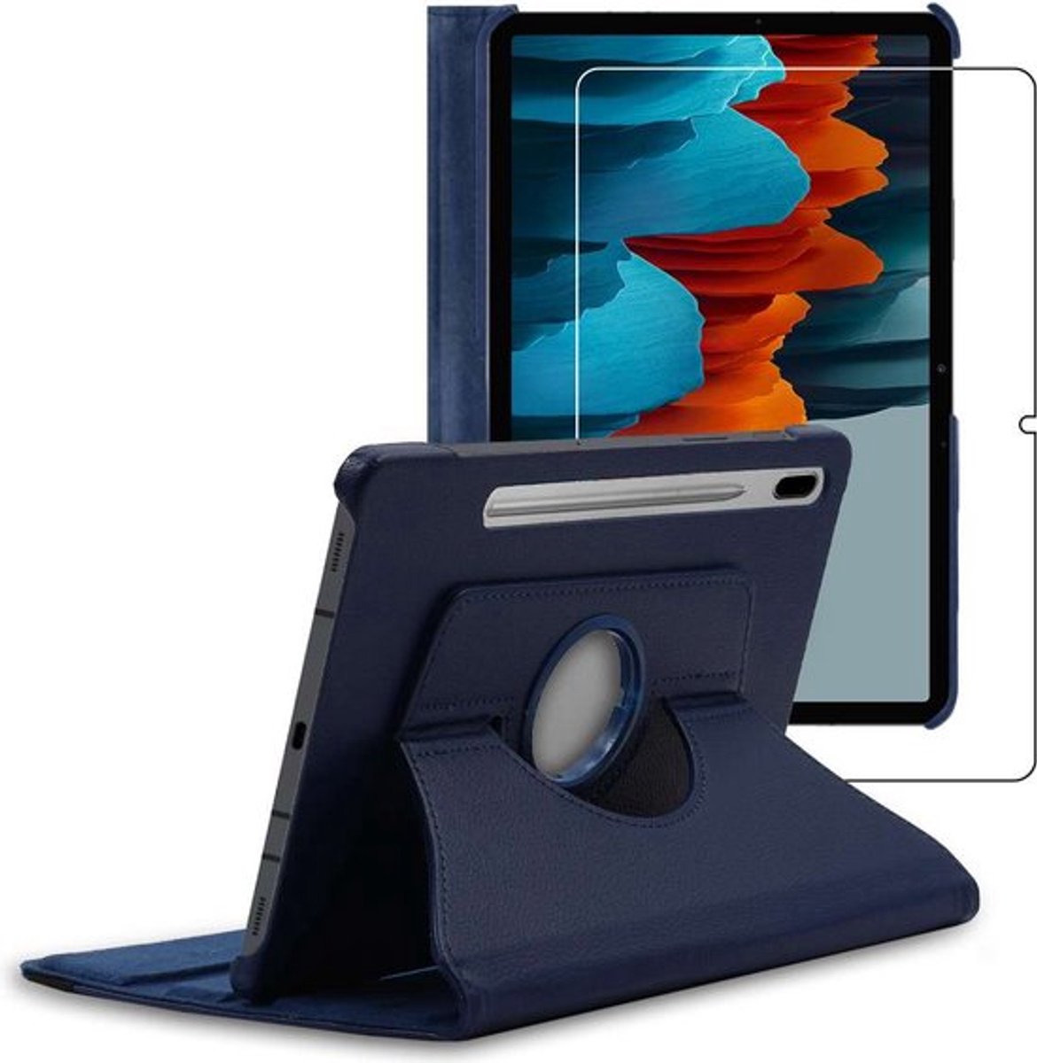 ebestStar - Hoes geschikt voor Samsung Galaxy Tab S7 SM-T870, Roterende Etui, Case, 360° Draaibaar hoesje, Donkerblauw + Gehard Glas