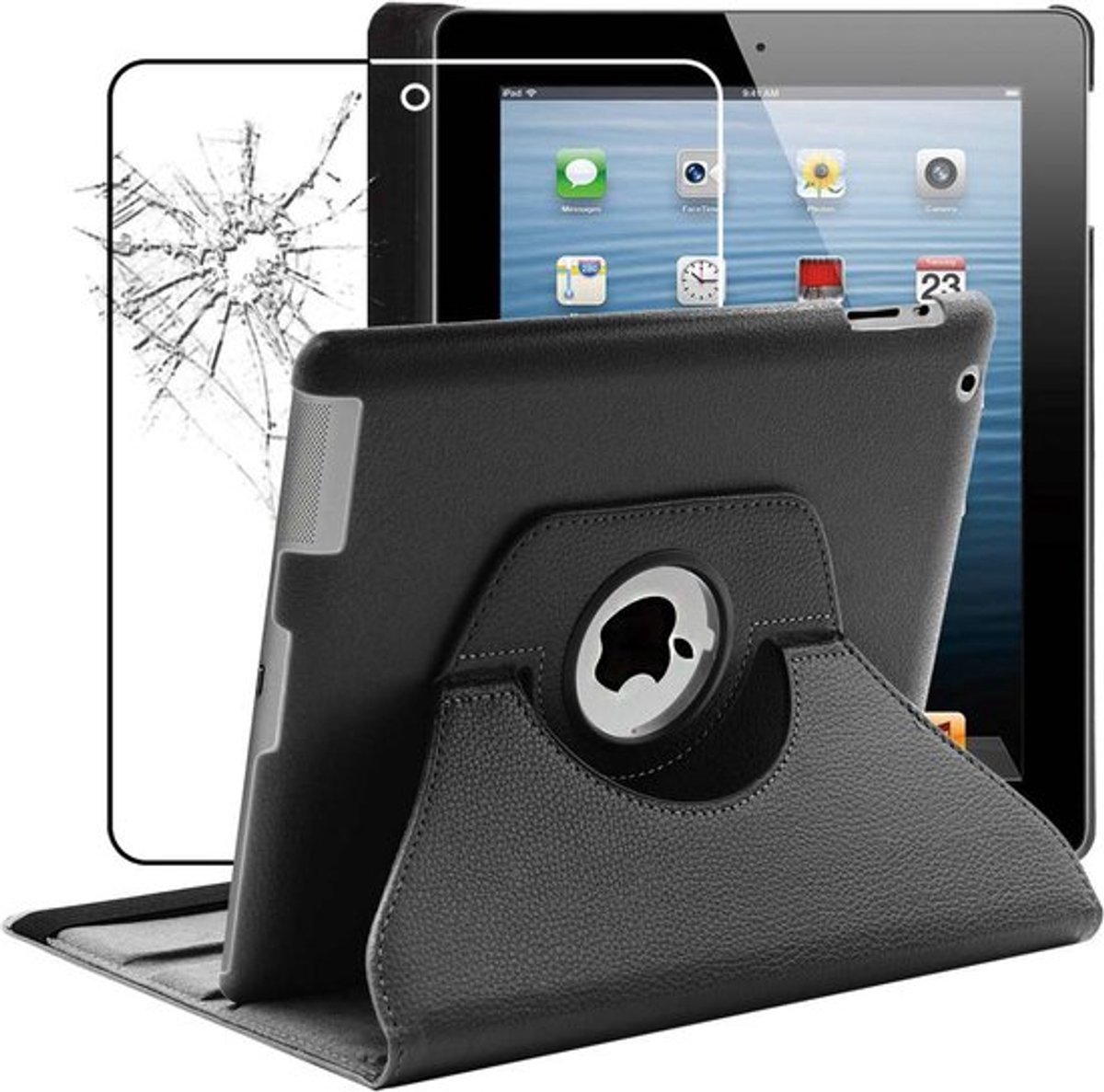 ebestStar - Hoes geschikt voor iPad 4 3 2 Apple, Roterende Etui, Case, 360° Draaibaar hoesje, Zwart + Gehard Glas