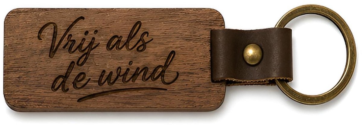 Houten Sleutelhanger "Vrij als de wind" - Met Gravure - Hout & PU Leer - 10 cm - Cadeau voor Reiziger / Camper / Motor / Man