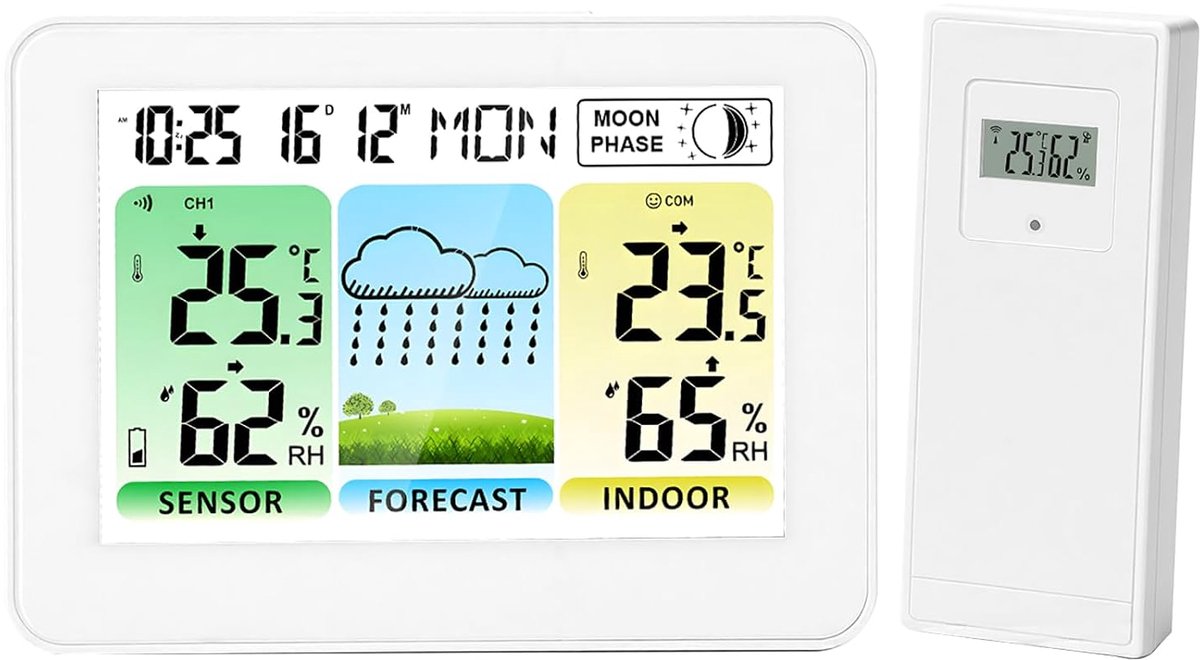 SnelShoppen - Draadloos Weerstation met Buitensensor - Weersvoorspelling, Binnen- en Buitentemperatuur, LCD Kleurendisplay, Luchtvochtigheid, Maanfase