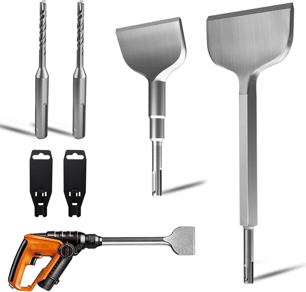 SnelShoppen - SDS Plus Beitelset 6 Stuks - Platte Beitel 280x100mm & Schuine Beitel 165x75mm - 40CR Staal - Duurzaam, Scherp, Voor Tegels, Tegellijm,