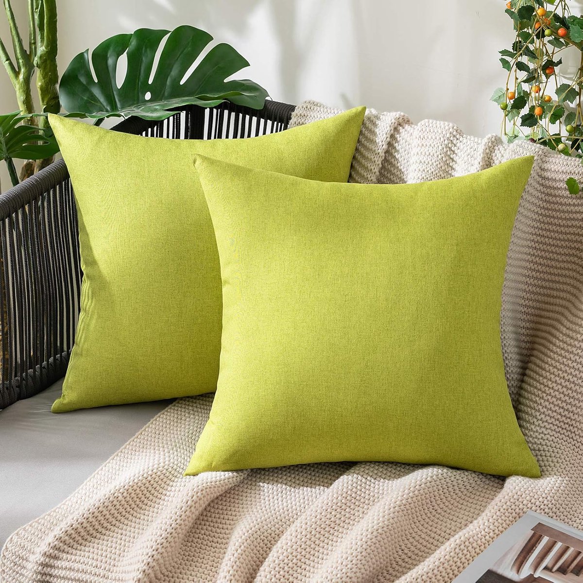 SnelShoppen - Waterdichte Tuin Kussenhoezen 40x40 cm - 2 Stuks Polyester Linnen Look - Plant Groen - Voor Buiten, Camping, Terras, Tuin Decoratie