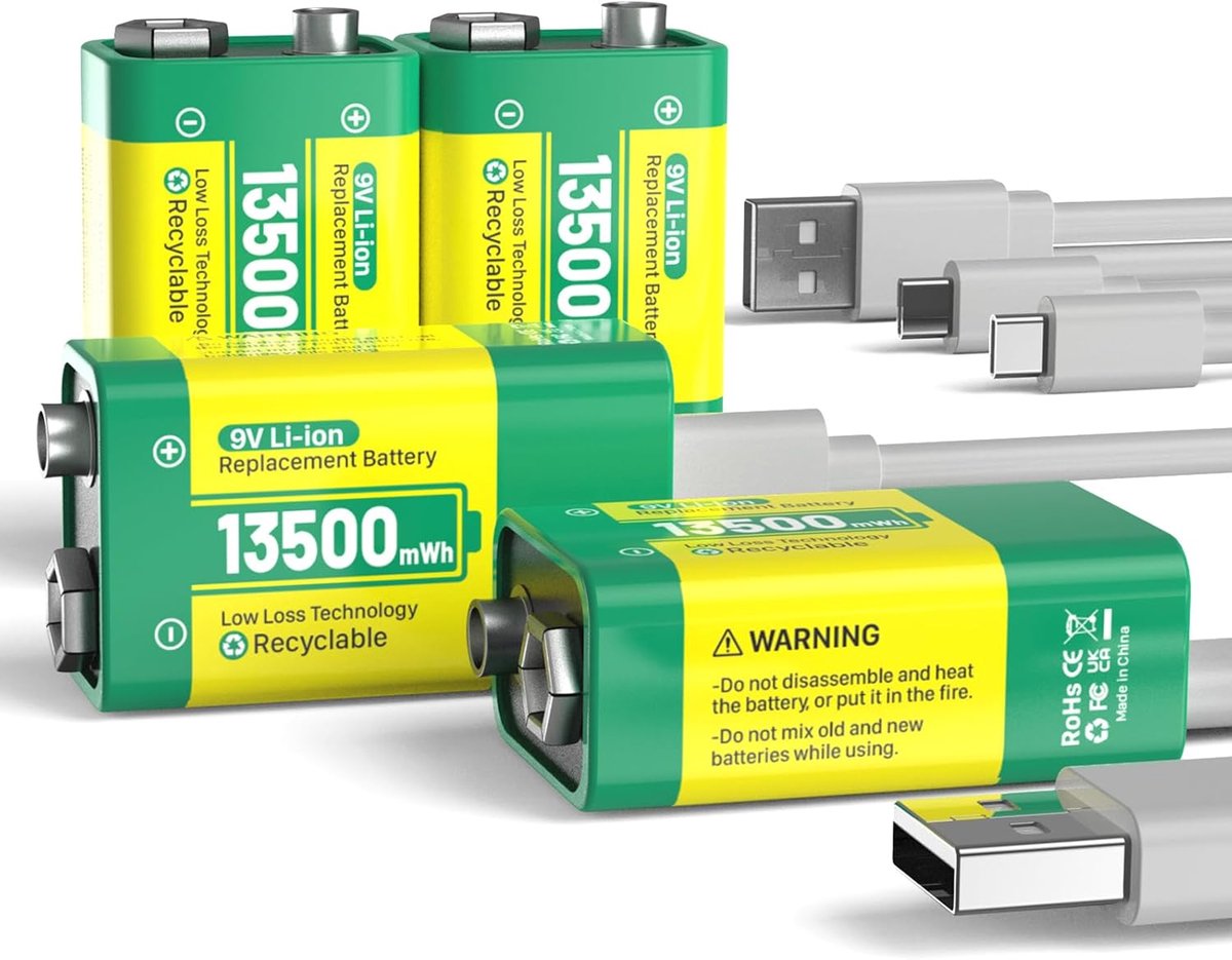 SnelShoppen - 9V oplaadbare lithiumbatterijen 13500 mAh met USB-C snellader, ideaal voor rookmelders, microfoons, alarmen, speelgoed, zaklampen, medis