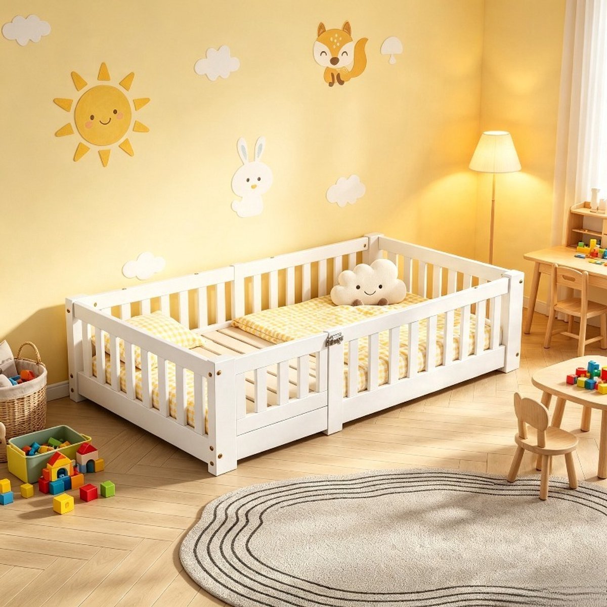 ROSAHQNDA Kinderbed 120x200 cm, vloerbed en montessoribed voor kinderen met veiligheidshekje, eenpersoonsbed van hout met lattenbodem, witte bedframe, zonder matras