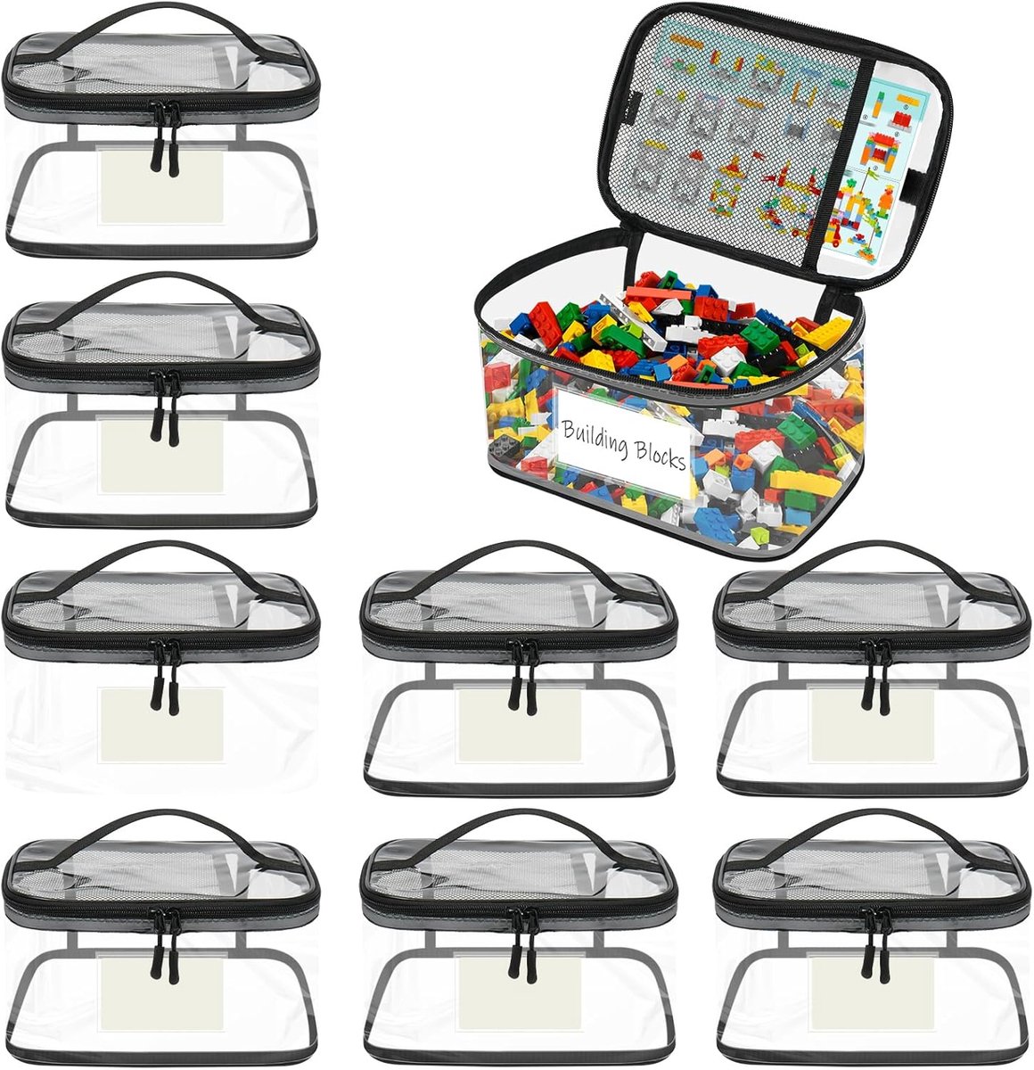 SnelShoppen - Pack van 8 Speelgoed Opbergdozen voor Kinderen, Waterdichte Opbergzakken met Naamlabel, Voor Puzzels, Bouwblokken en Speelgoedauto's