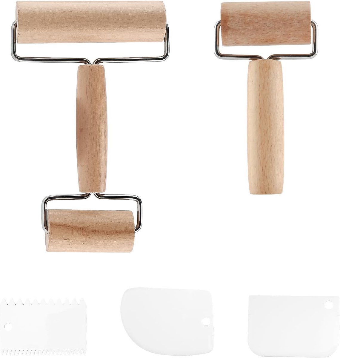 SnelShoppen - Kleine Houten Deegroller met Ergonomisch Handvat, Stabiele RVS Materialen, Inclusief 3 Deegscharen voor Perfecte Pizza, Pasta, Desserts