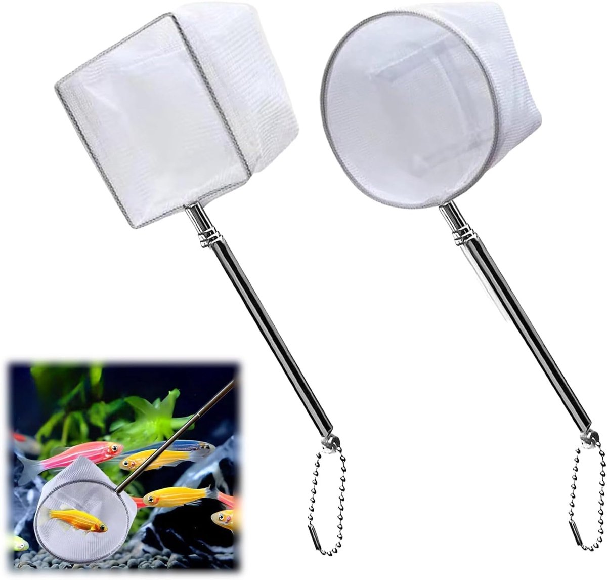SnelShoppen - Pack van 2 Mini Vissenlandingnetten met Uittrekbare RVS Handgreep - Telescopische Vissentanknet voor het Vangen van Kleine Vissen en Gar