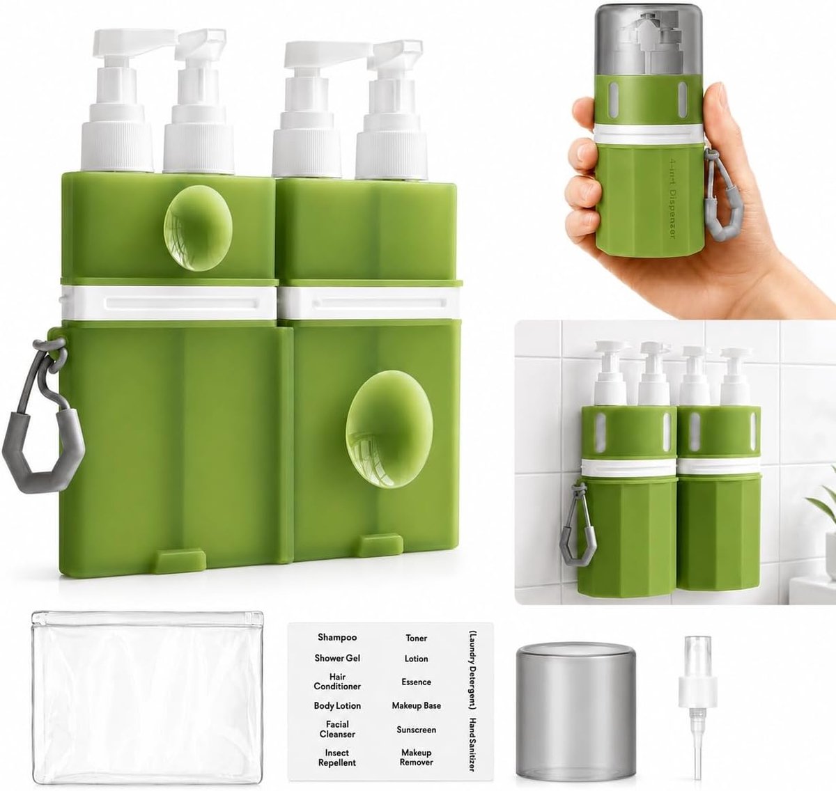 SnelShoppen - 4-in-1 Reisflessenset met Zuignap - Lekvrije Siliconen Reisflessen voor Shampoo, Douchegel, Lotion - Pompdispenser en Sproeikop - Inclus