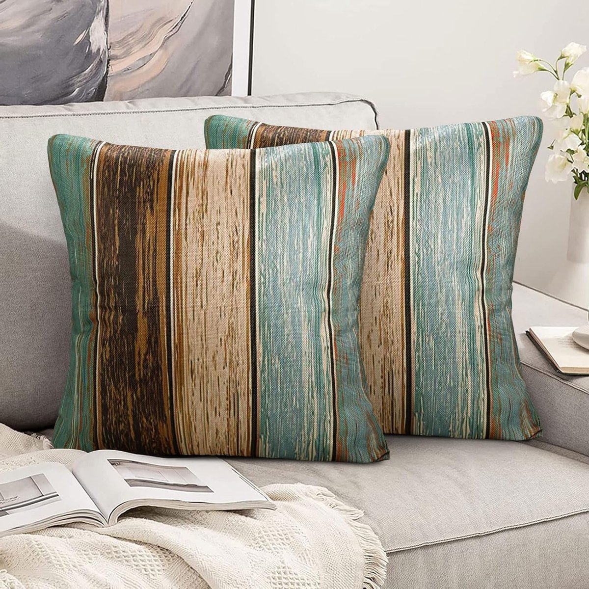 Moderne Groene Kussenhoezen 40 x 40 cm, Set van 2 met Houten Strepen, Retro Vintage Stijl voor Sofa en Interieurdecoratie