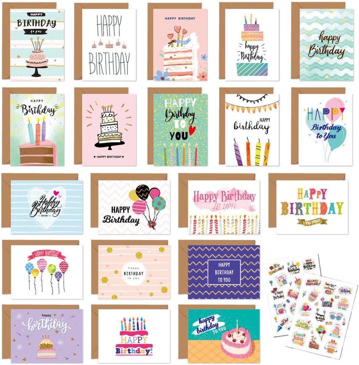 SnelShoppen - 20 Stuks Verjaardagskaarten met 20 Enveloppen en 20 Stickers - Gelukkige Verjaardag Kaarten voor Kinderen en Volwassenen - Perfect voor